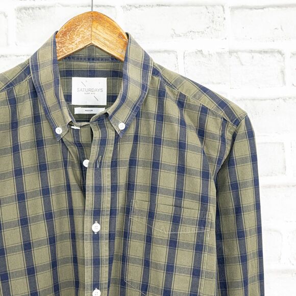 SATURDAYS Surf NYC Men's Button Down Shirt Green Blue Check Size Medium - Picture 5 of 6